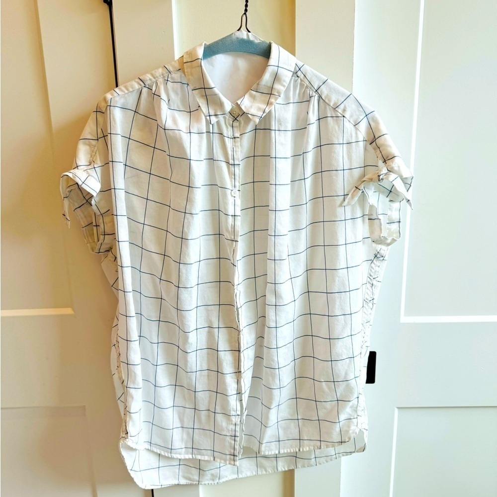 Madewell Cotton White with Blue Detail Short Sleeve Top with Tie Cap Sleeves‌